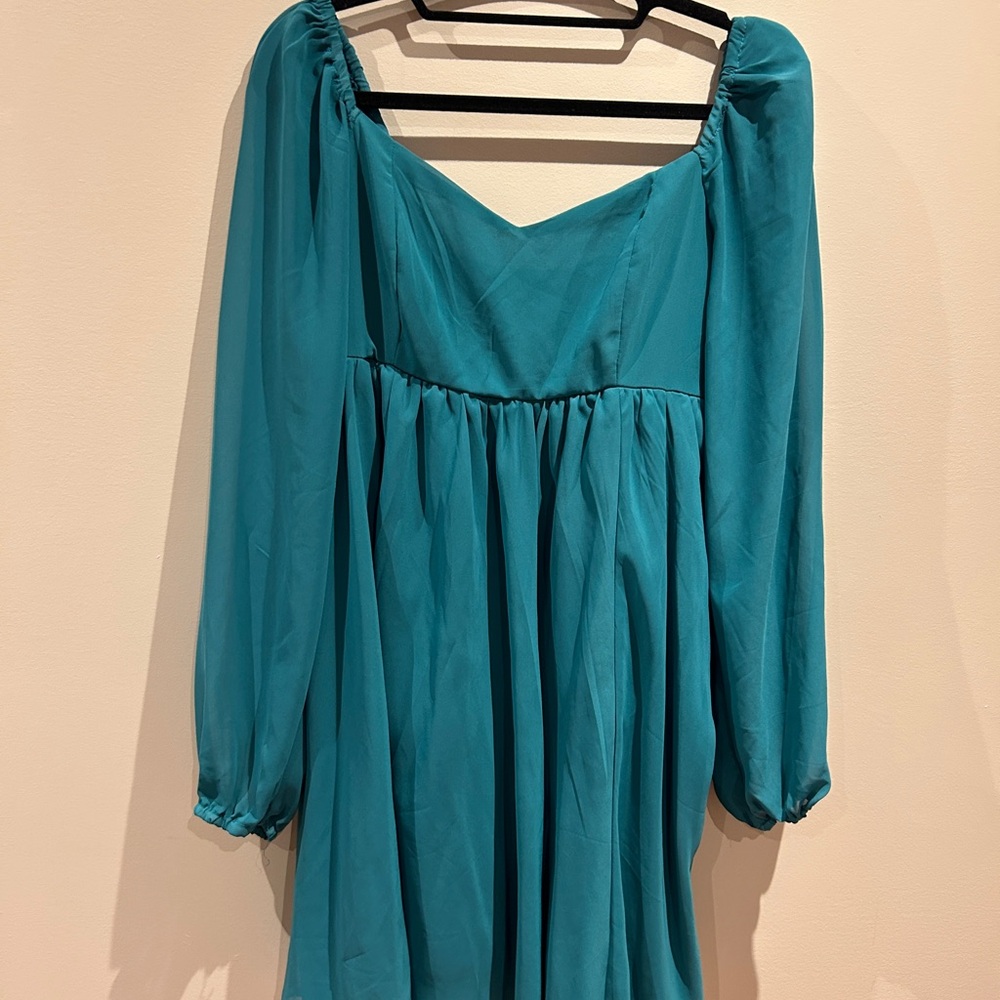 Teal Long Sleeve Flowy Dress | Sheer Sleeves | Wedding Guest